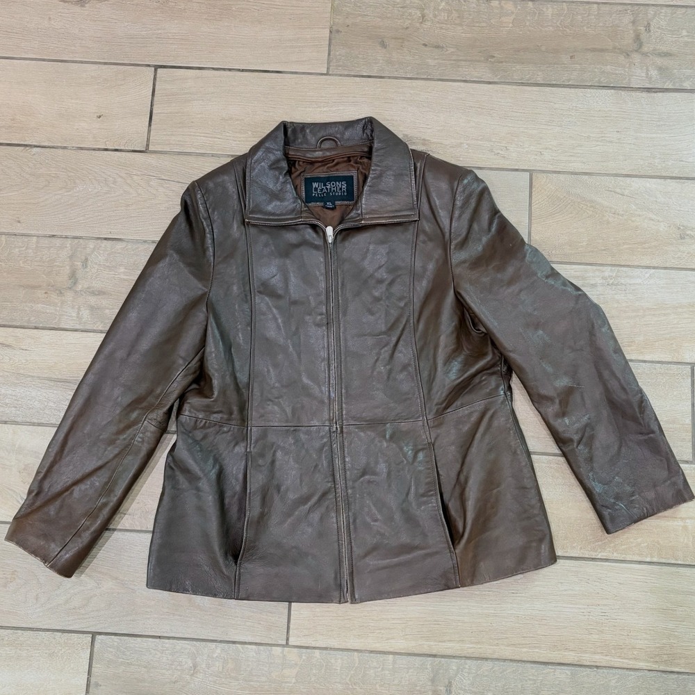 Wilsons Leather Pelle Studio Brown Genuine Leather Zip Up Jacket Women's XL